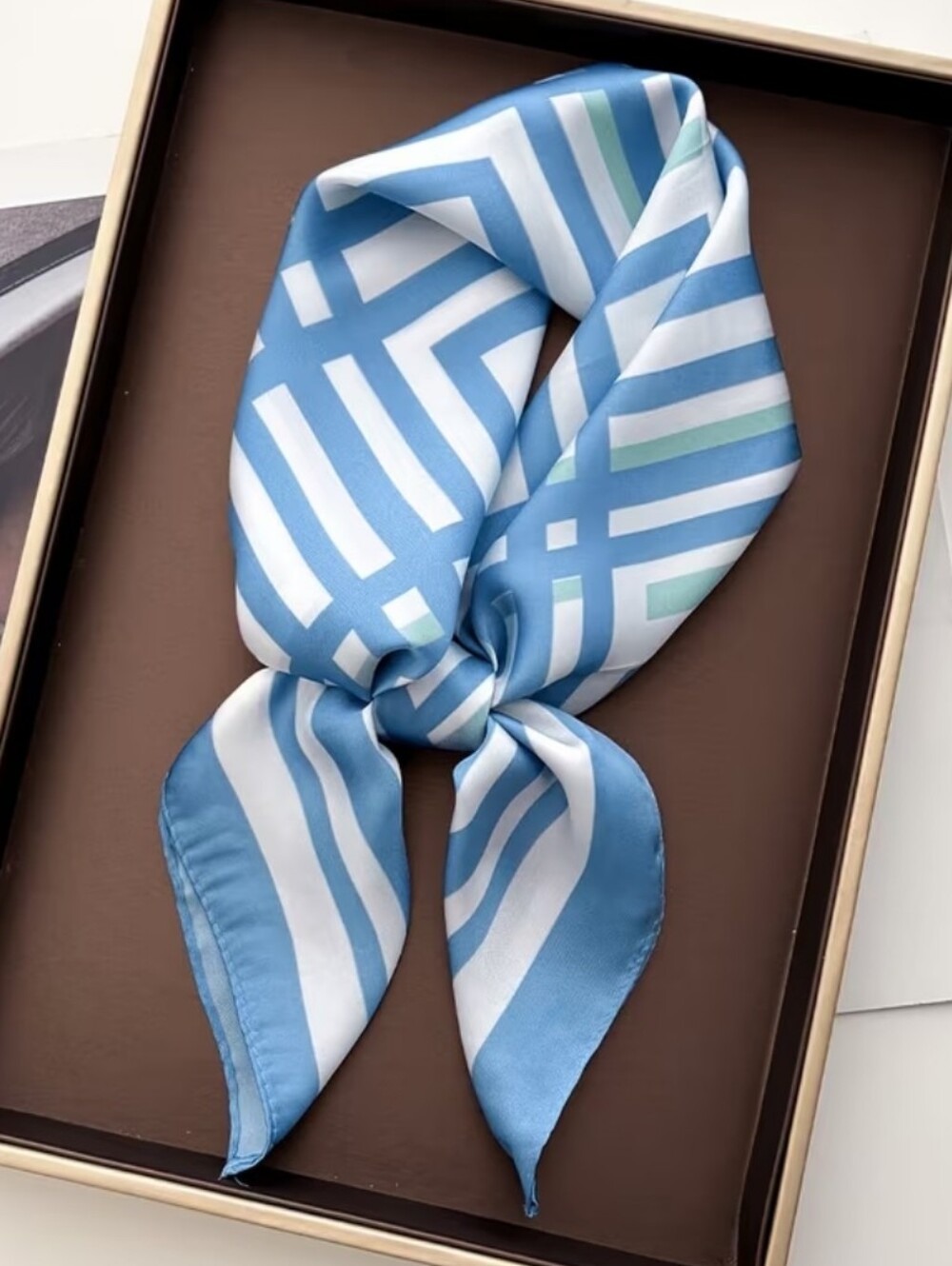 Silk-feel Blue Geometric Square Scarf - Women Head Scarf , Neck Scarf